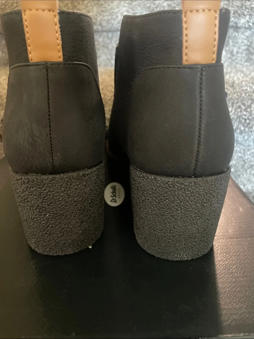 Dr. Scholl's Black Wedge Ankle Booties with Tan Pull Tabs